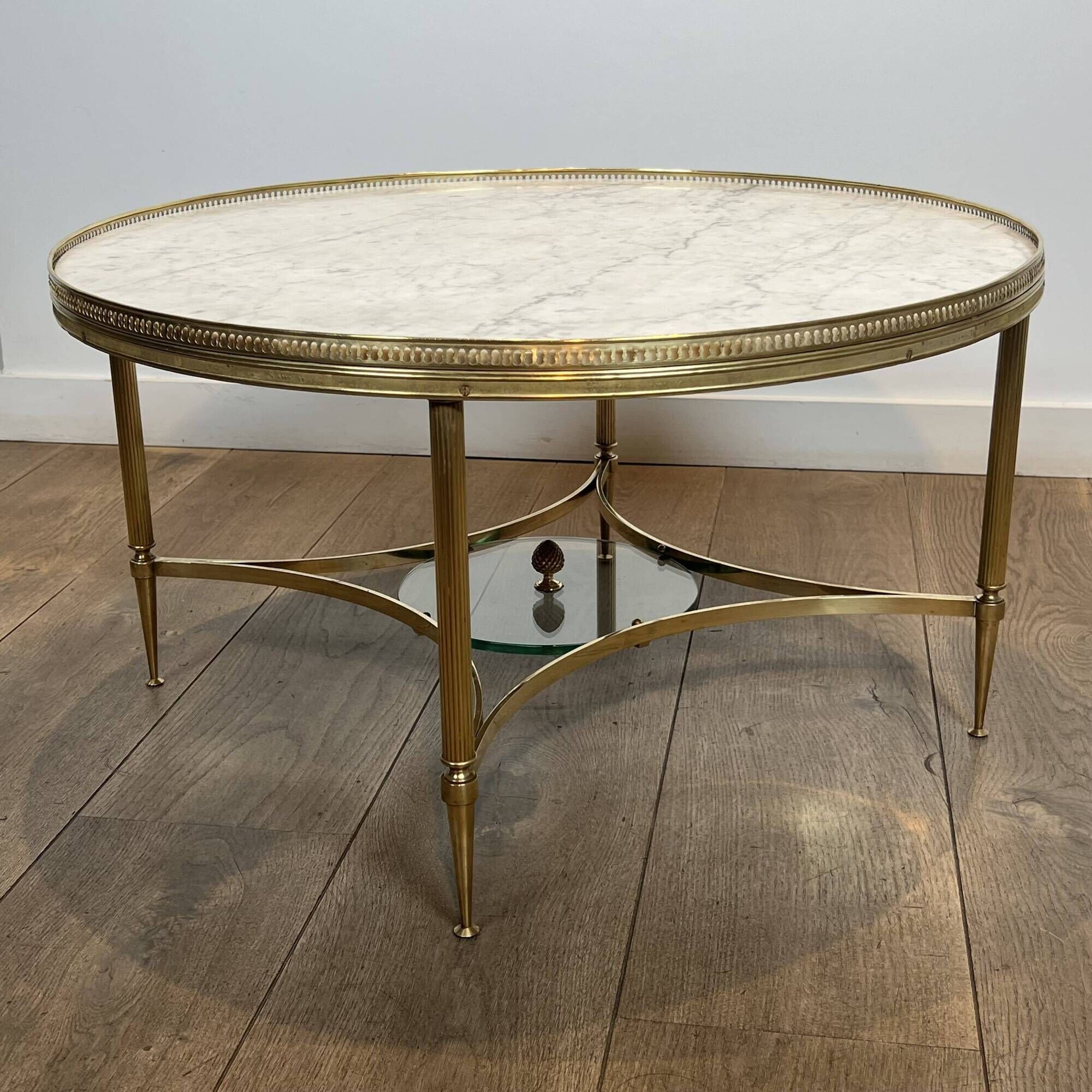 Neoclassical Round Coffee Table in Brass with Beaded Gallery. Marble Top