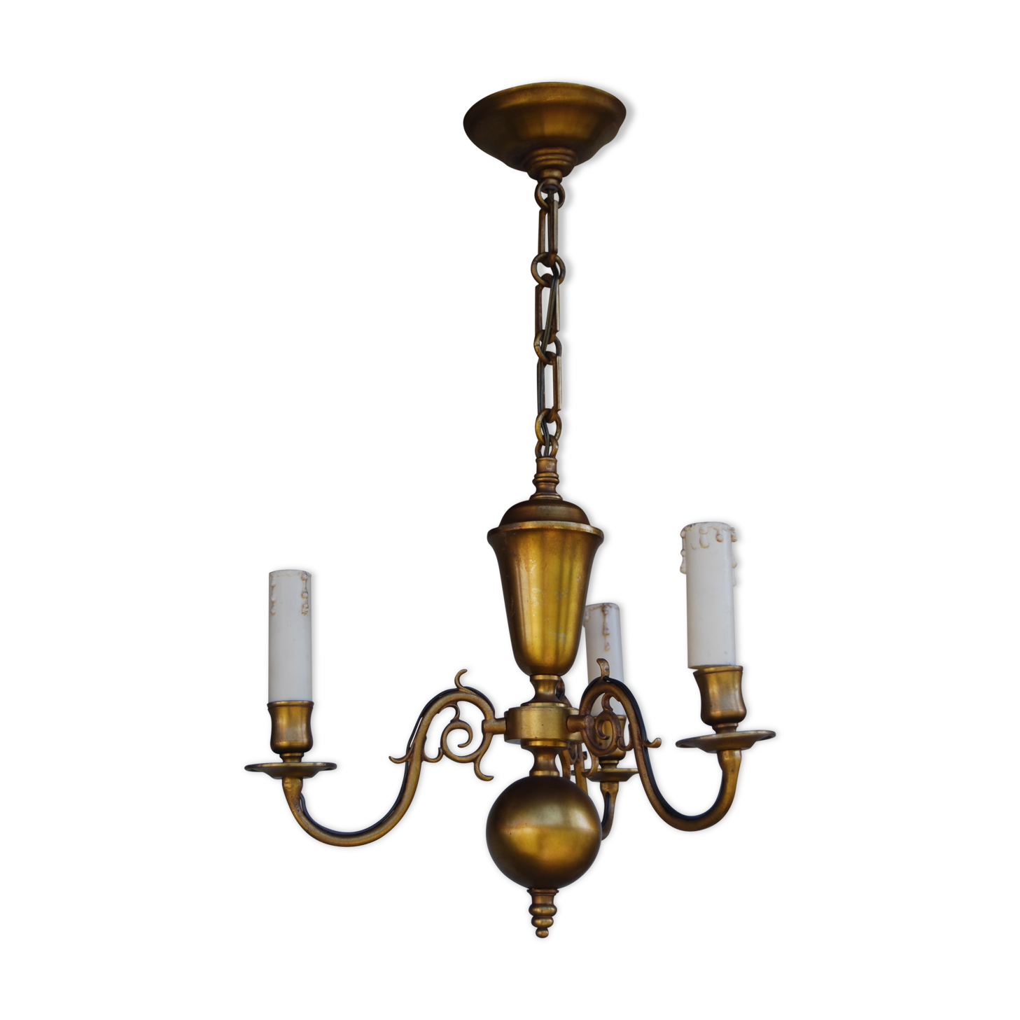 Dutch golden brass chandelier with 3 arms of light