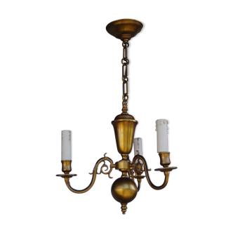 Lustre hollandais en laiton doré à 3 bras de lumière