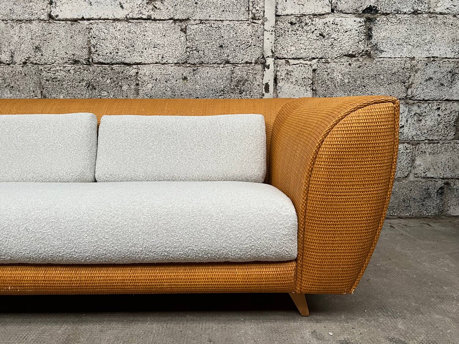 Vintage rattan sofa design 1970 ecru French terry fabric