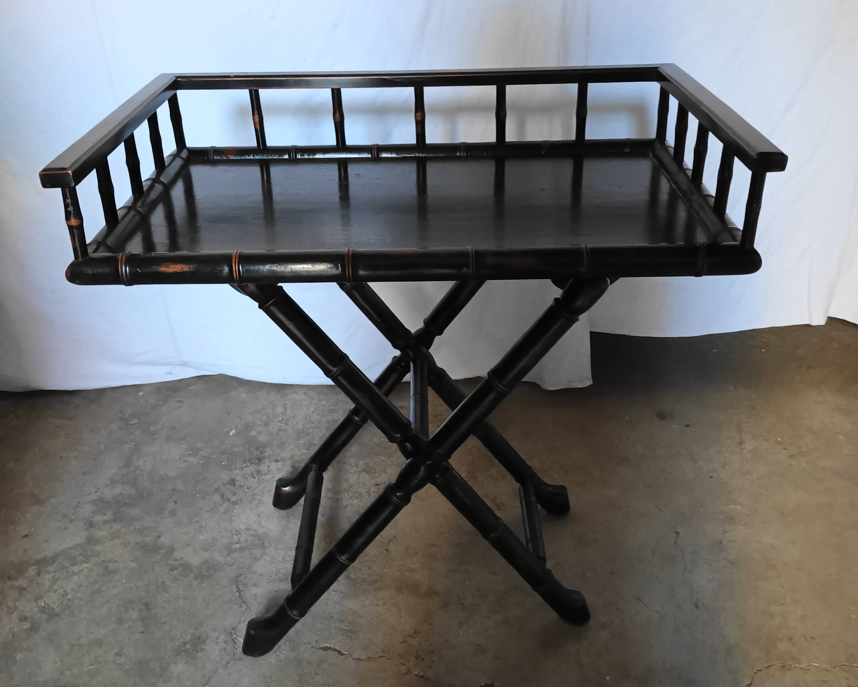 Foldable desk table in blackened wood and carved bamboo style, 1950s