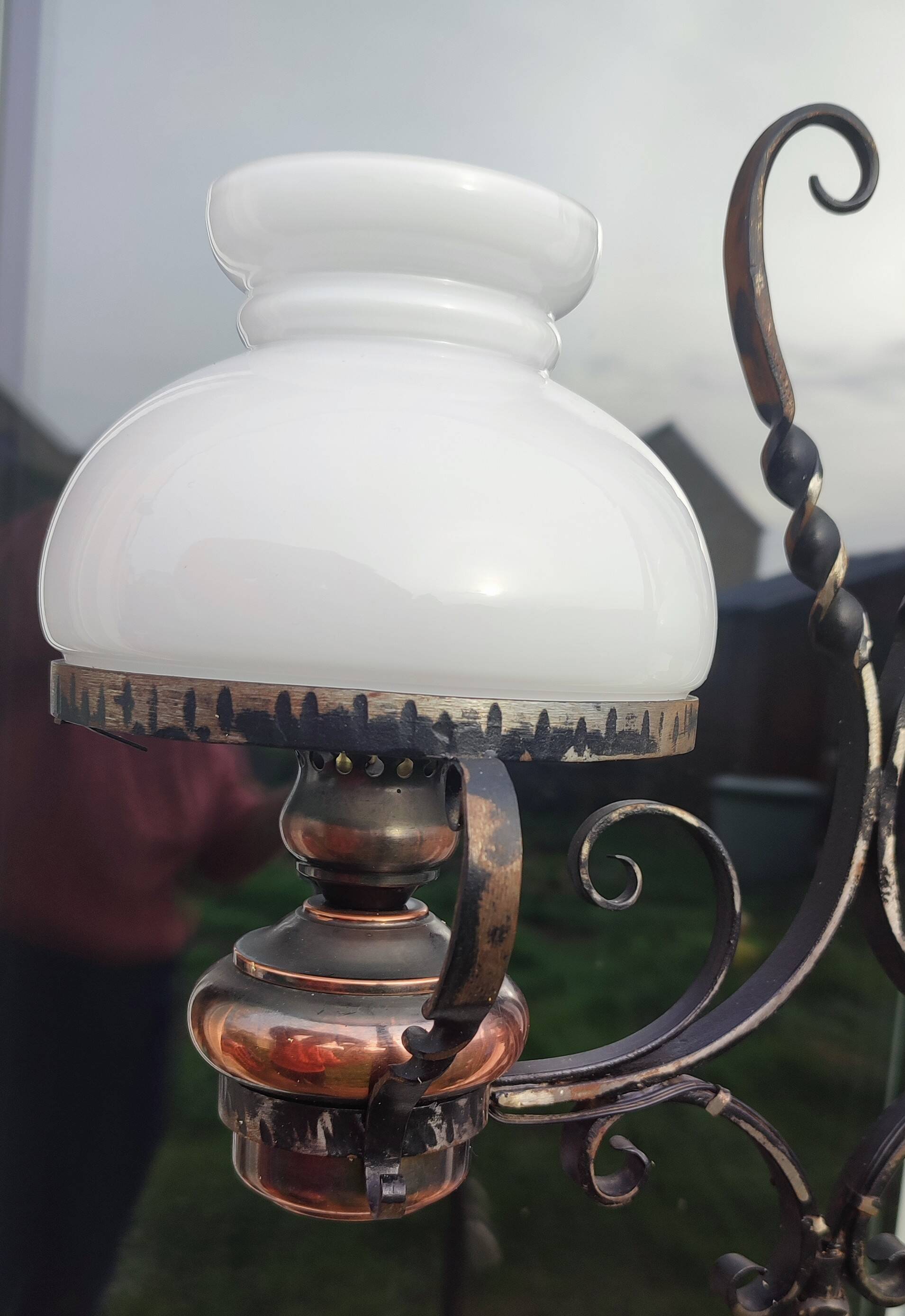 Antique double globe opaline floor lamp, wrought iron, rustic vintage style.