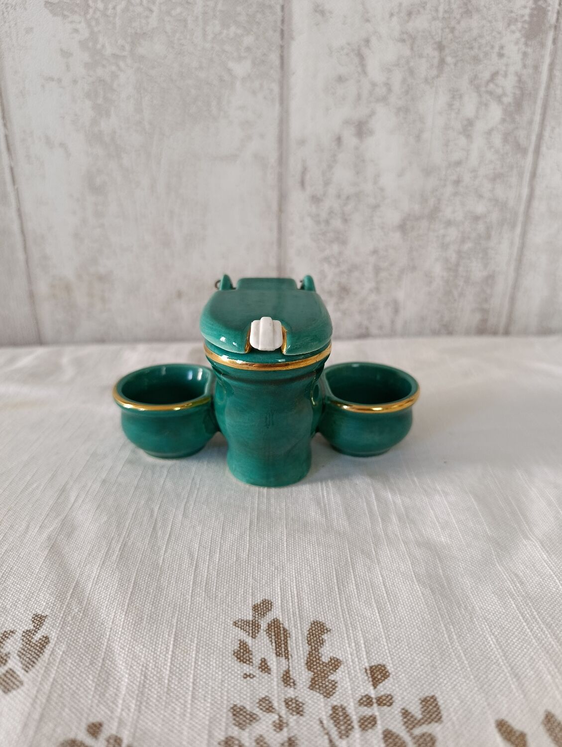 Mustard and salt pepper shaker in the shape of a toilet.