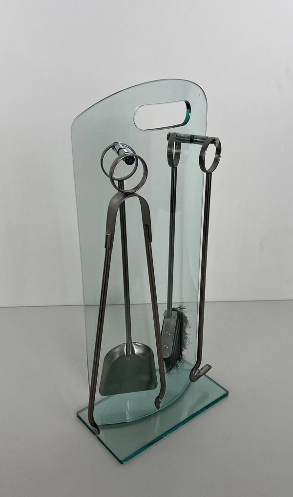 Nécessaire de Feu Design à Portant en Verre Trempé et Outils en Chrome
