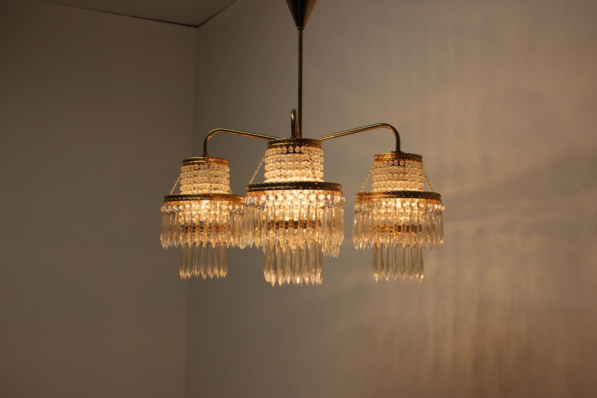 1950s, vintage crystal brass chandelier, železnobrodské sklo,czechoslovakia