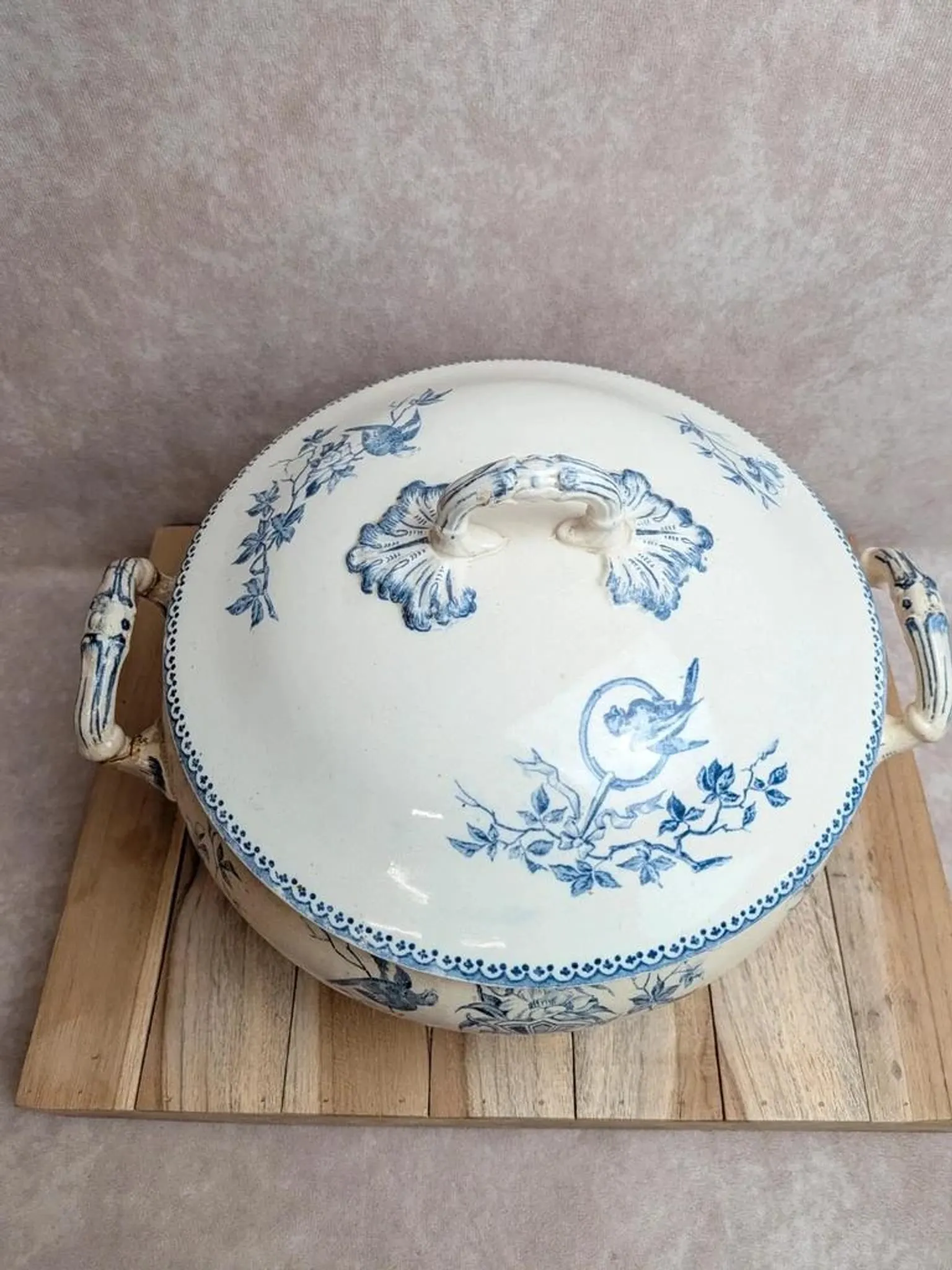 Grande soupière ancienne en terre de fer Creil et Montereau – Perruche