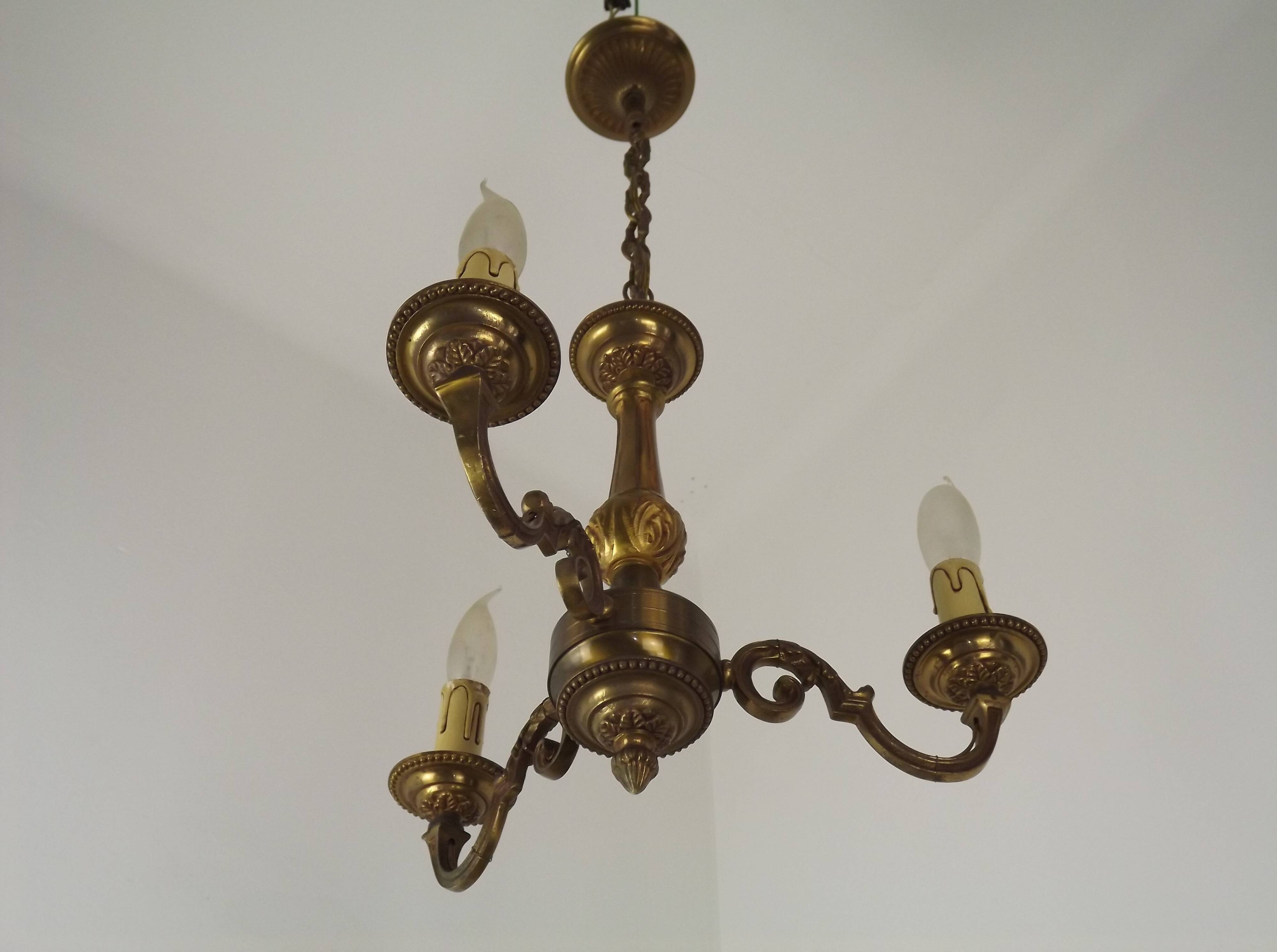 Art Nouveau bronze chandelier with 3 lights, France