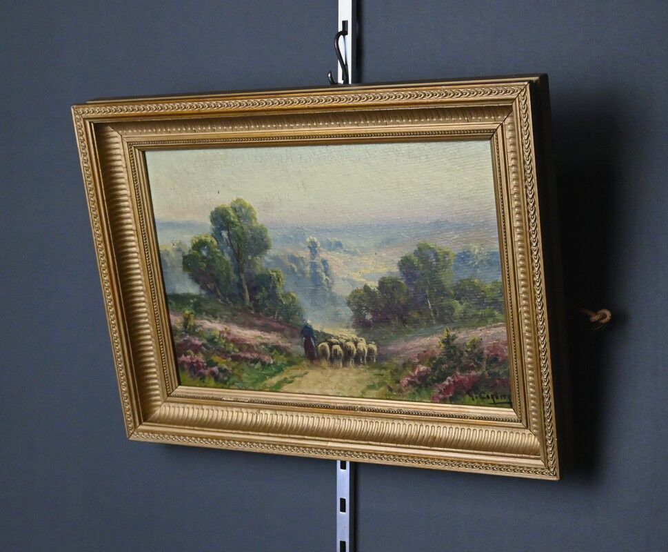 Painting "Shepherdess and her Flock", oil on panel signed G. Corbier – early 20th century