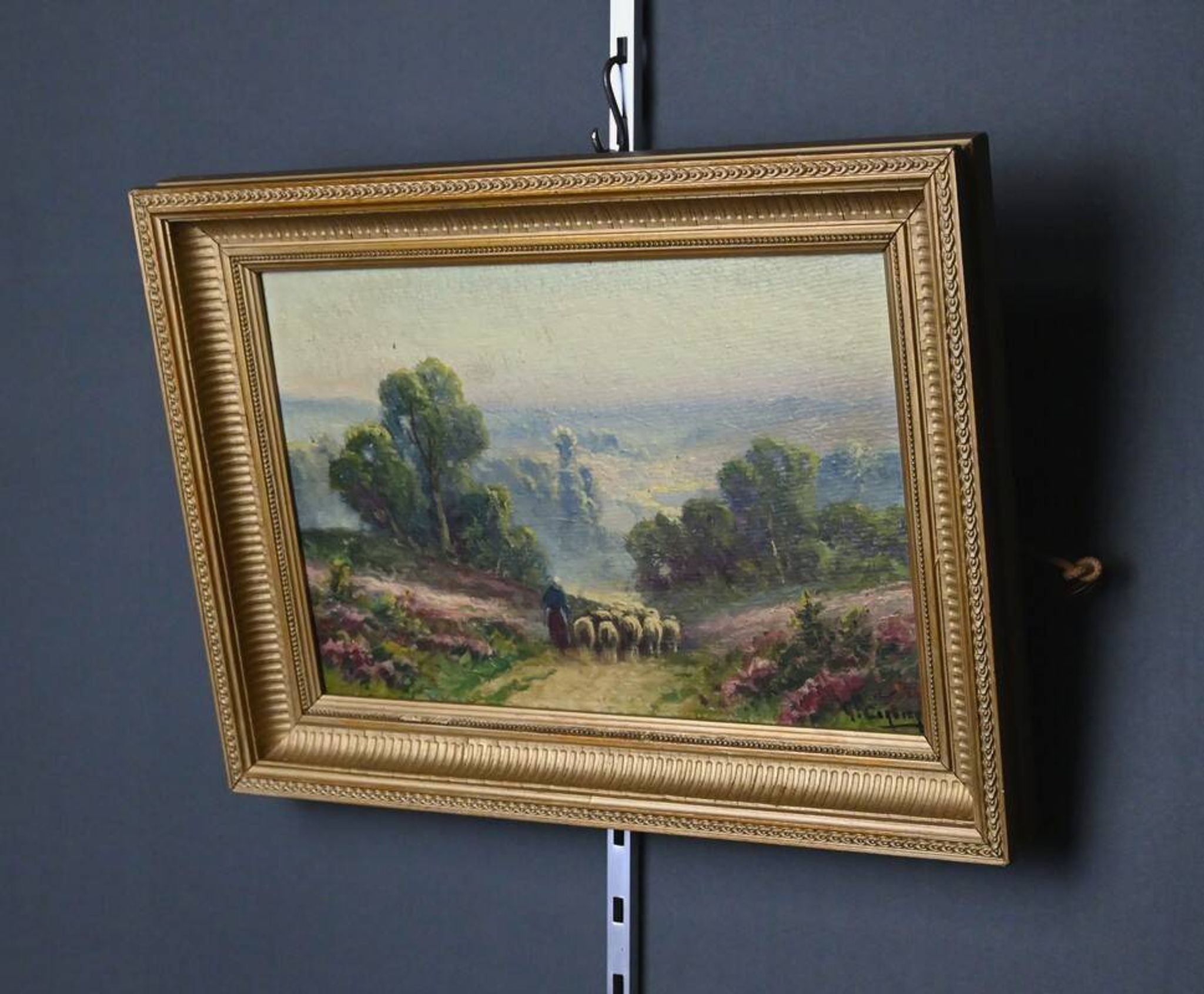 Painting "Shepherdess and her Flock", oil on panel signed G. Corbier – early 20th century