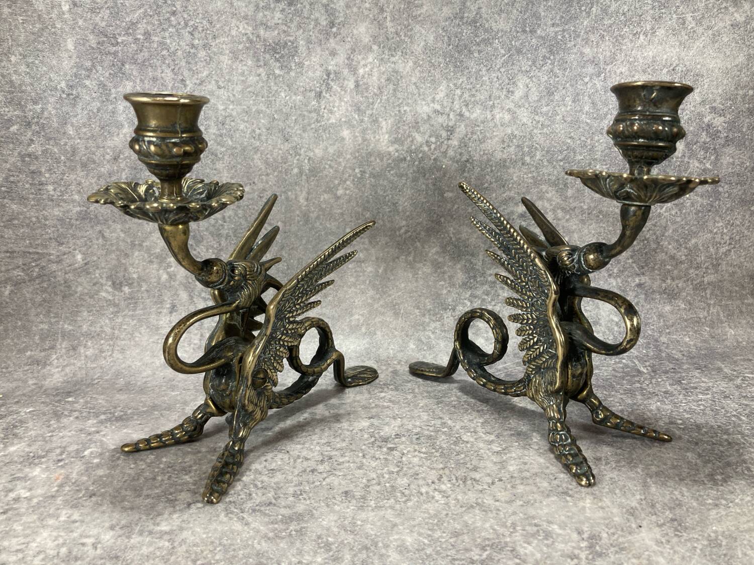 Pair of candlesticks. Chimera Dragon. Gilded brass. Fantastic bestiary