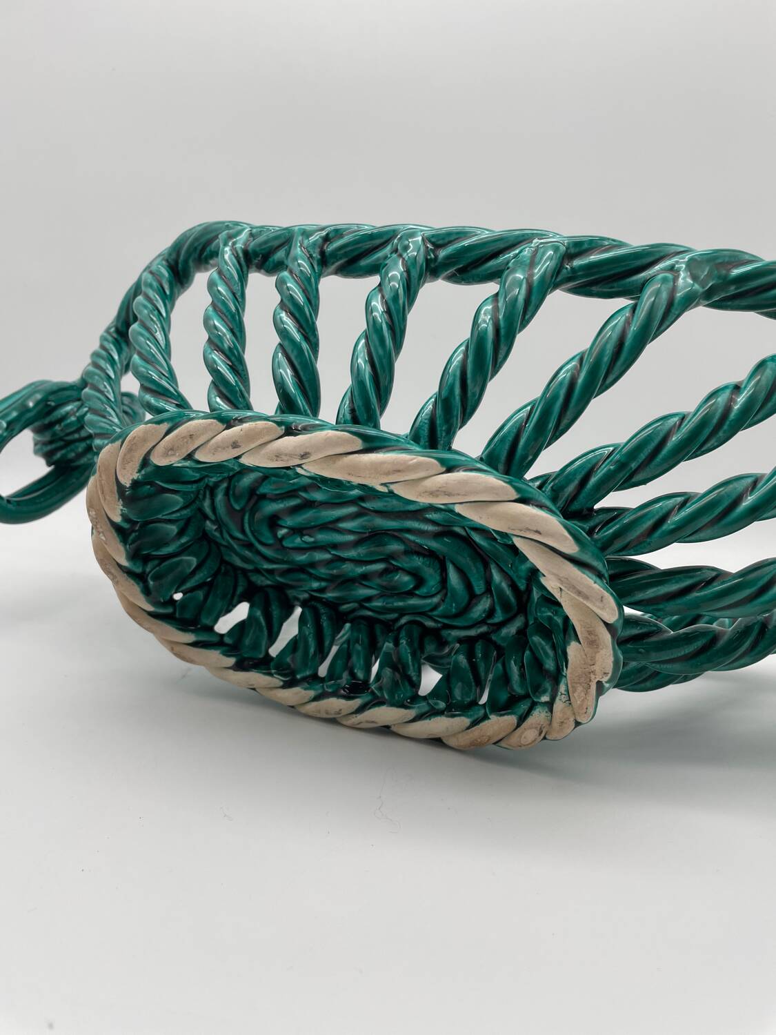 Vintage fruit basket in green enamelled woven earthenware