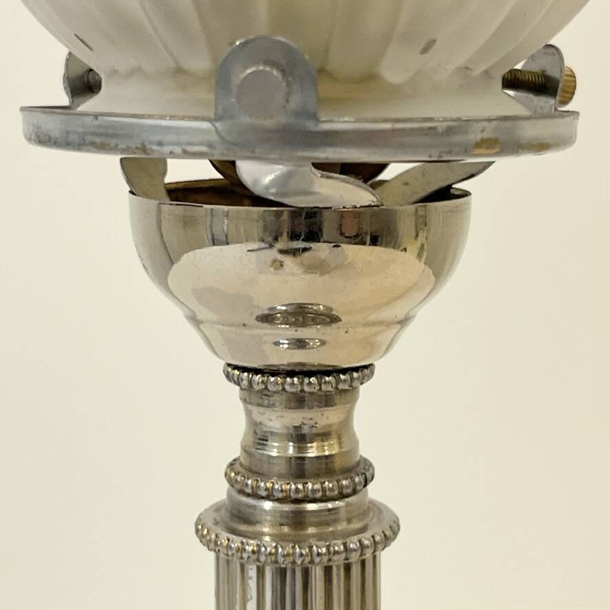 Empire chrome and opaline tulip pleated antique Art Deco bedside lamp