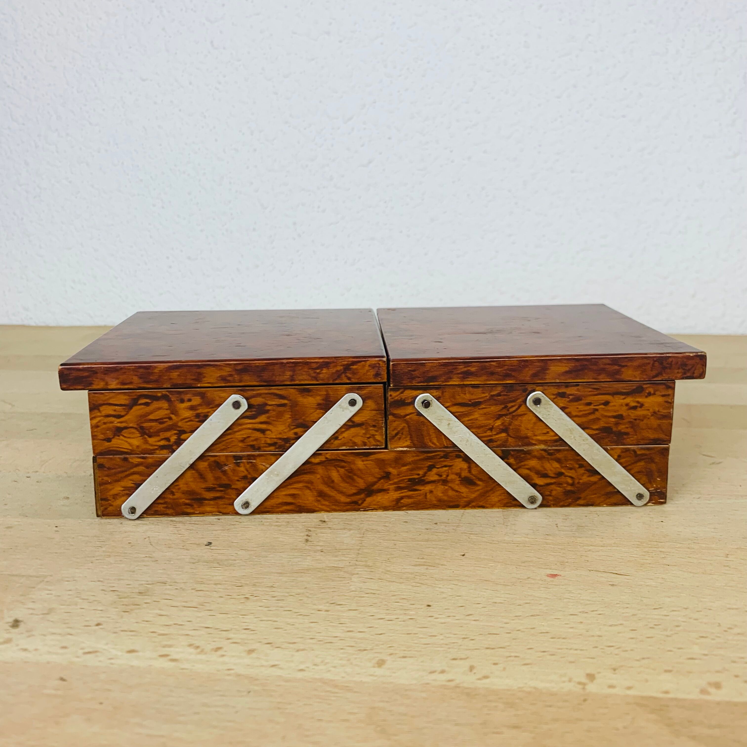 Walnut magnifying glass jewel box and mirrors