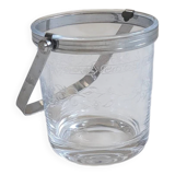 Clear glass ice bucket with an etched floral design