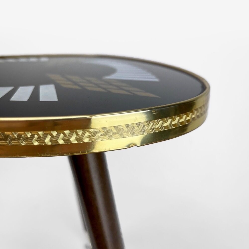 Pedestal table tripod glass wood and brass graphic patterns 50s
