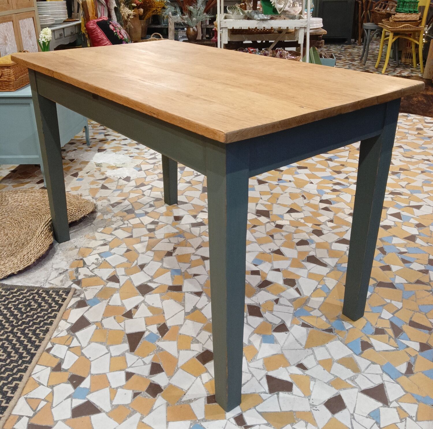 Wooden and khaki farmhouse table