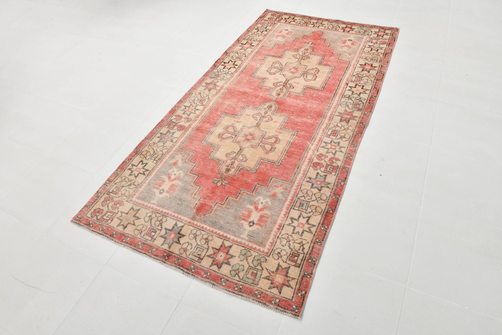 4x8 Red Cream Handmade Oriental Vintage Rug, 117x230Cm
