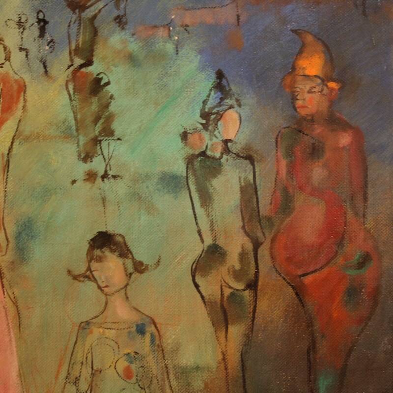 Italian painting, Family of Acrobats, dated 1981
