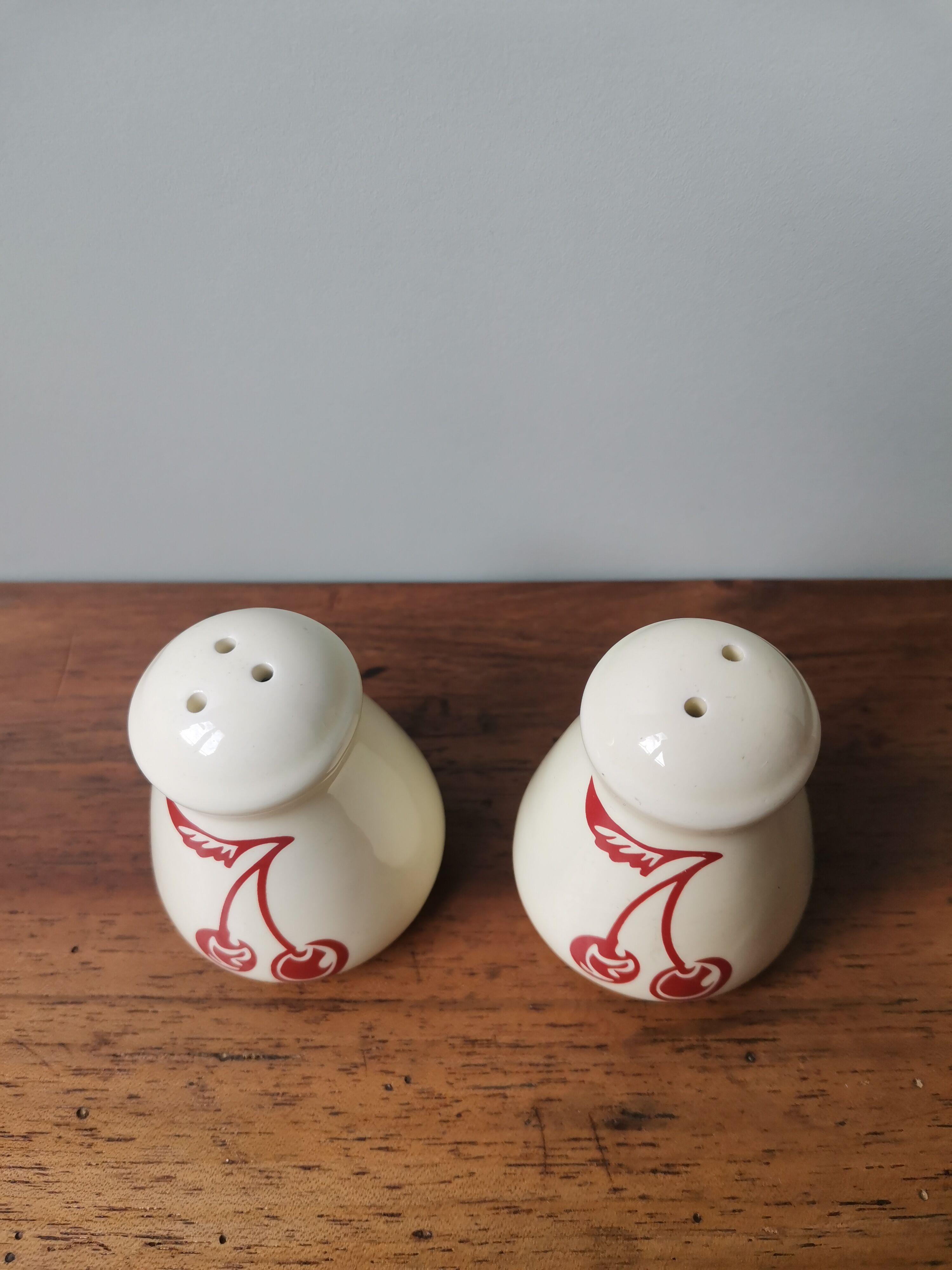 Vintage cherry screen-printed salt and pepper shakers