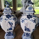 Pair of Dutch Delft earthenware lidded jars