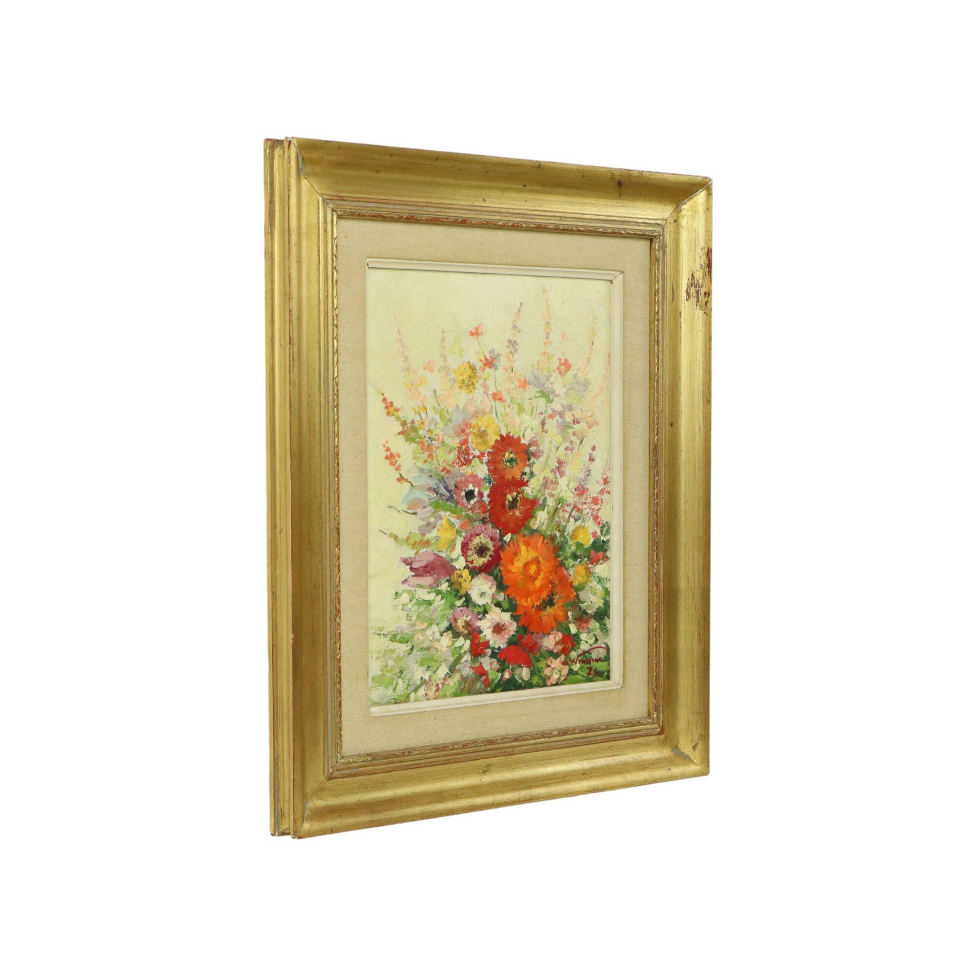 Still Life Flowers Painting Canvas Gold Frame Signed 1970