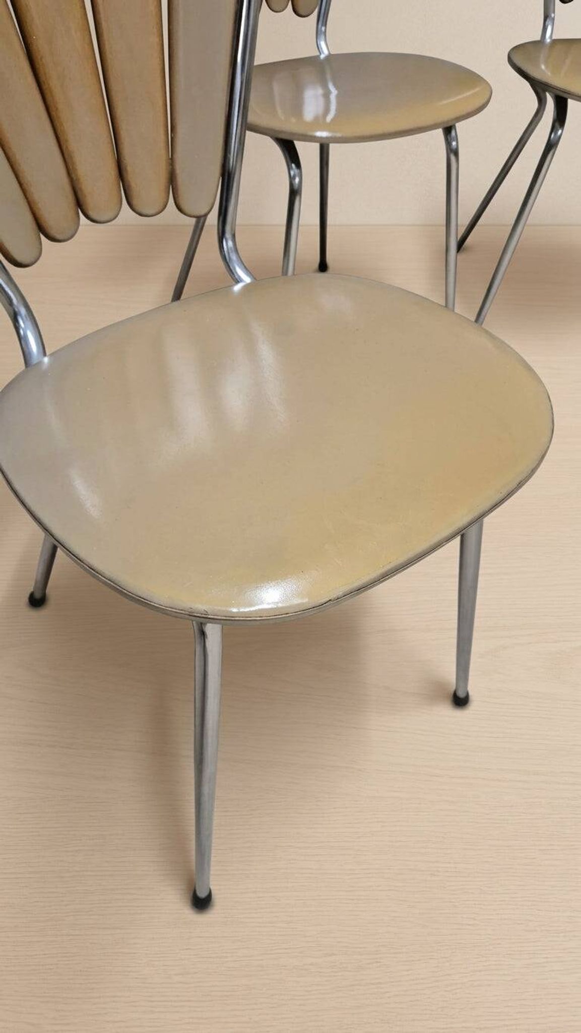 Set of 6 vintage fan-back dining chairs with beige leatherette upholstery