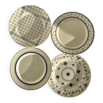 4 assiettes plates vintage porcelaine dépareillée bleue et blanche - Cottage core