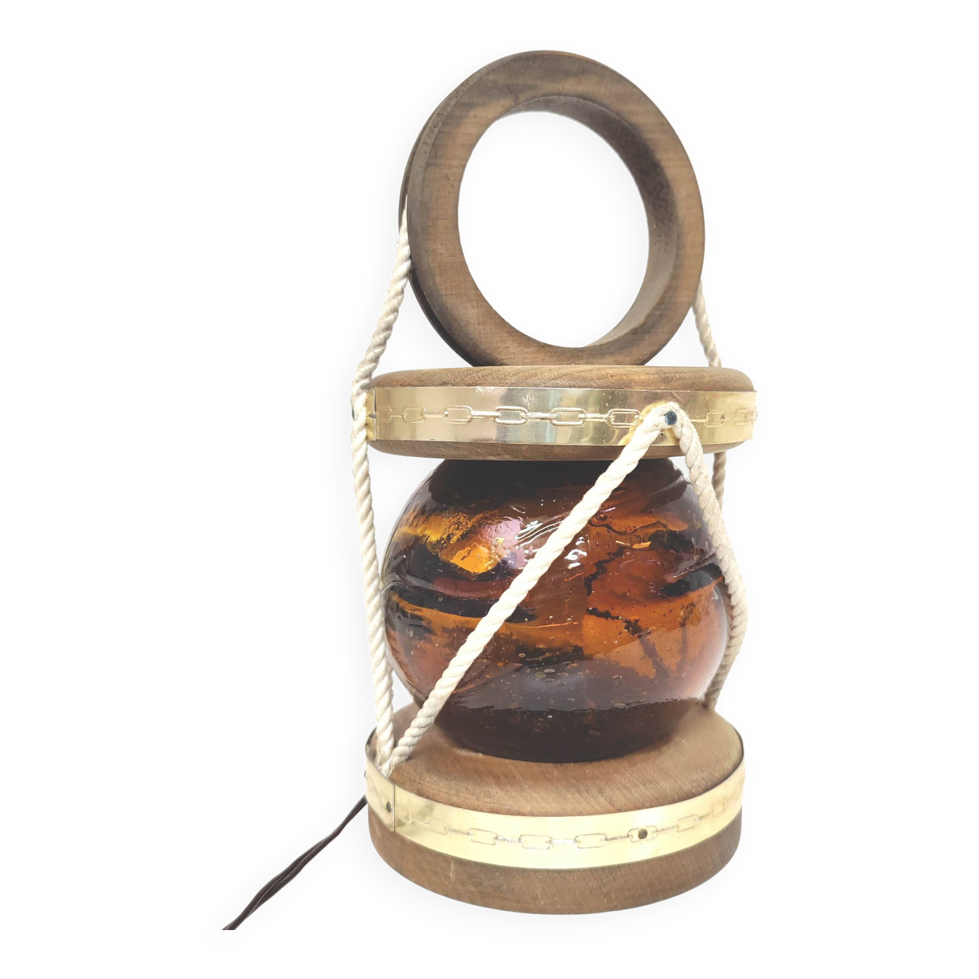 Marine lamp float amber blown glass wood and rope