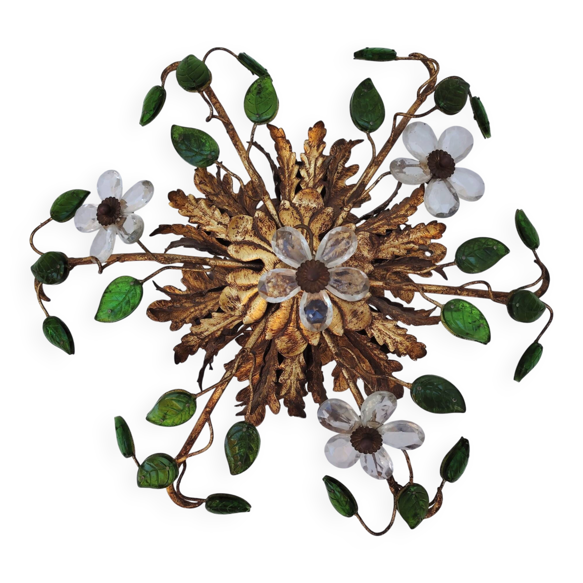 Flower wall light, gilded metal and glass cabochons, attributed to Baguès.