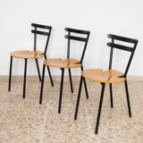 Set of 3 Italian mid-century chairs in black steel frame and natural wood seats - stackable, 1970s