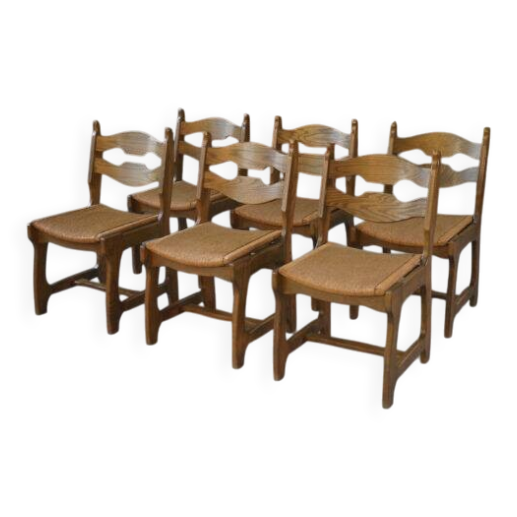Set of 6 oak dining chairs with rush seat and 'Echelle' backrest in the style of Guillerme et Chambron 1950s