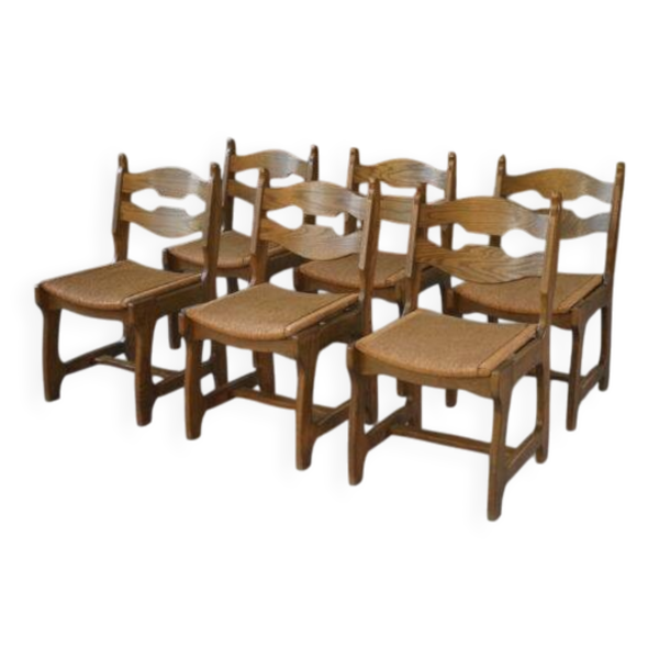 6 chaises en chêne et jonc dans le goût de Guillerme et Chambron, 1950