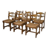 Set of 6 oak dining chairs with rush seat and 'Echelle' backrest in the style of Guillerme et Chambron 1950s