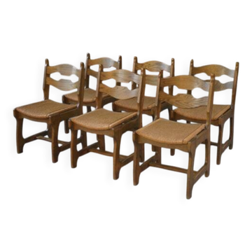 Set of 6 oak dining chairs with rush seat and 'Echelle' backrest in the style of Guillerme et Chambron 1950s