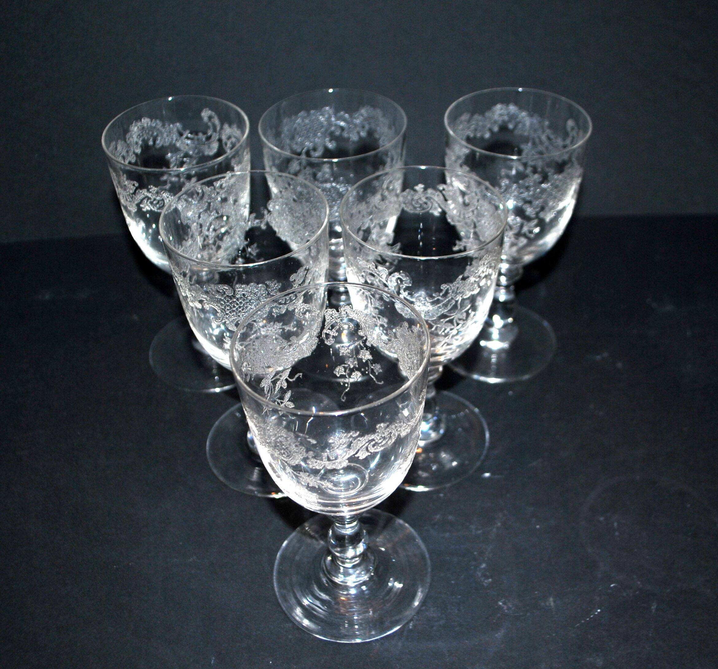 Saint-Louis set of 6 antique glasses with acid-etched rocaille and flower decoration 1920-30