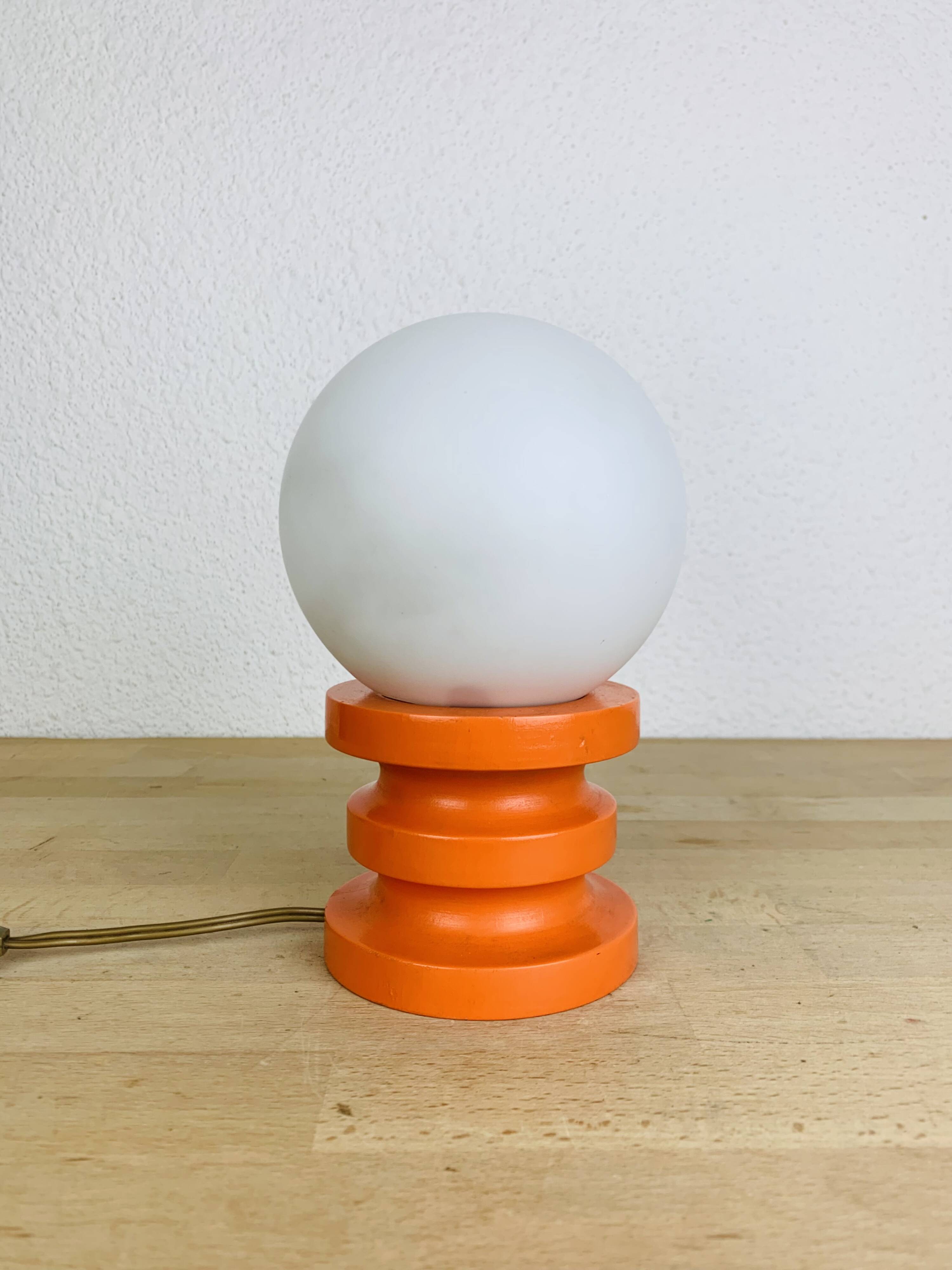 Space Age lamp in orange wood and opaline globe, 1970s