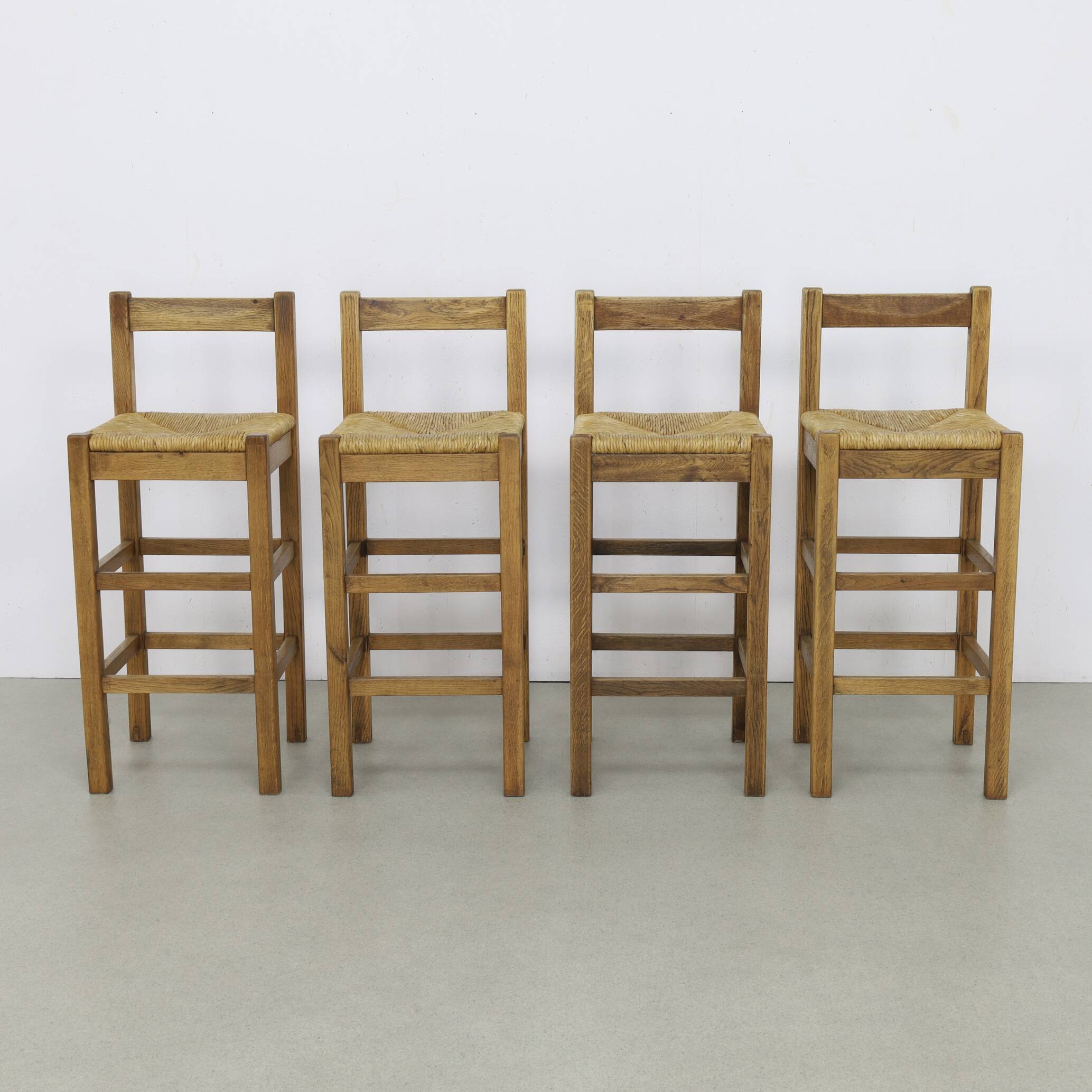 Tabourets de bar vintage en chêne et rotin, années 1970, lot de 4