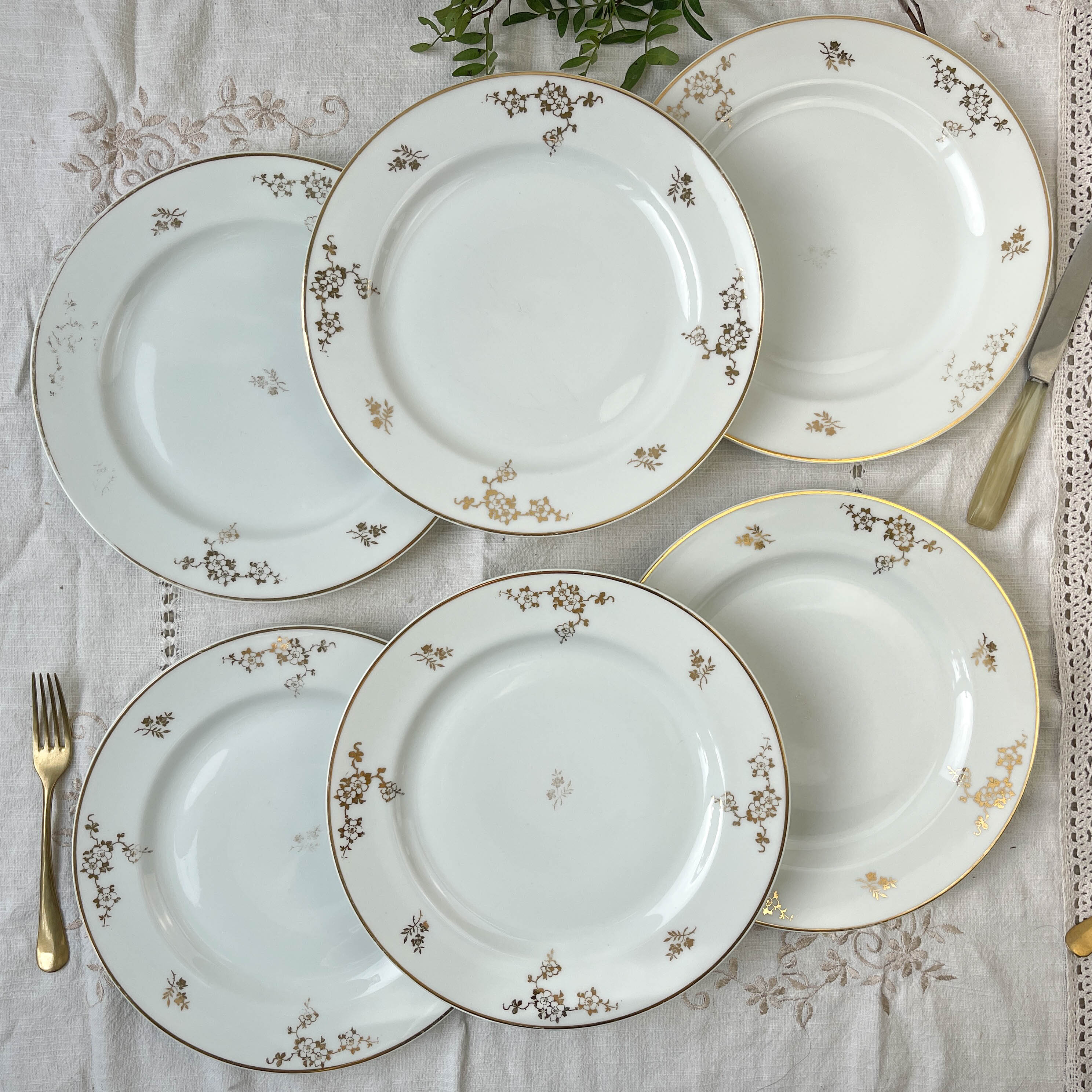 6 flat plates porcelain Limoges golden white