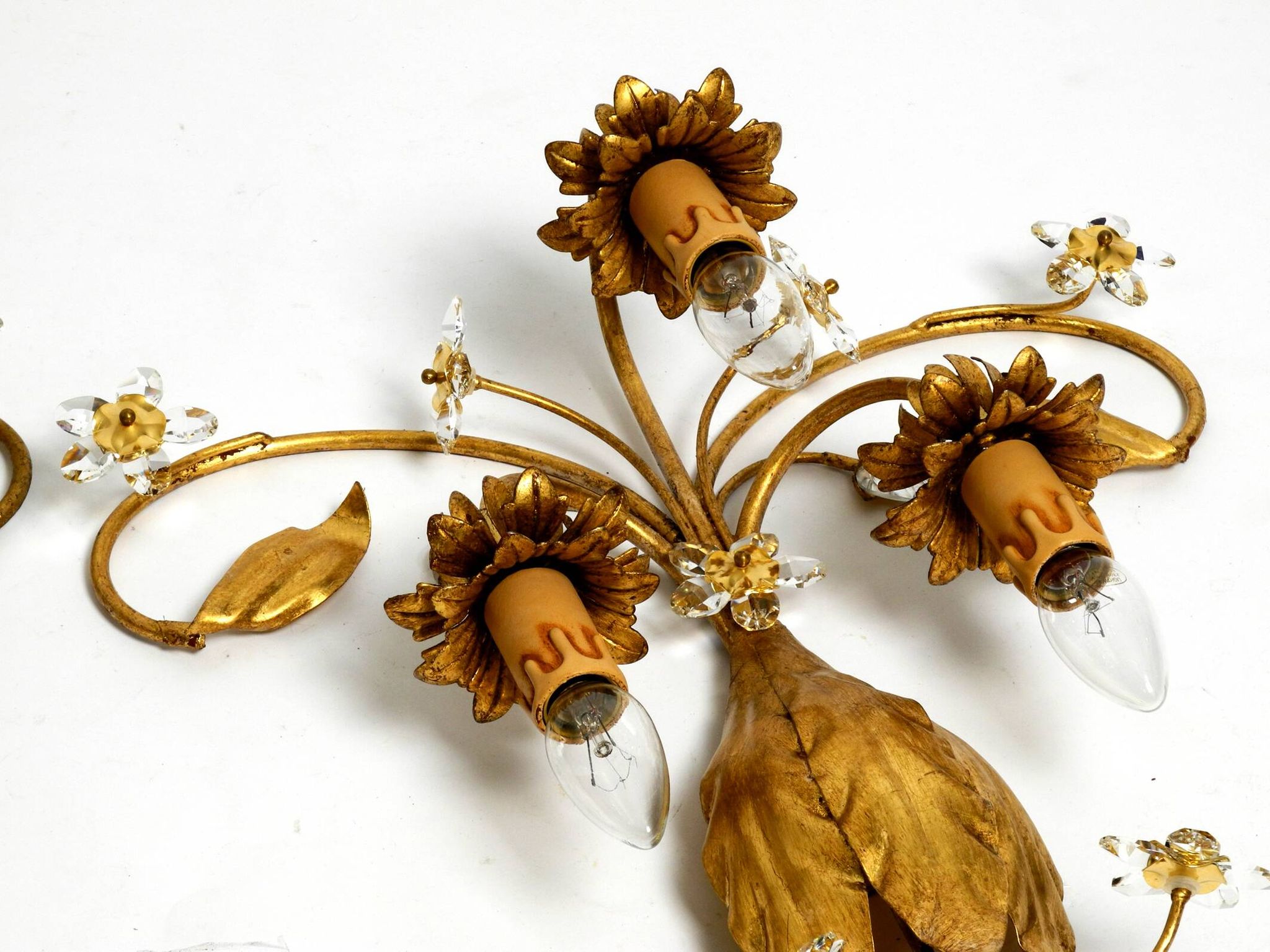Pair of gold plated Italian 1980's floral Regency Murano glass sconces