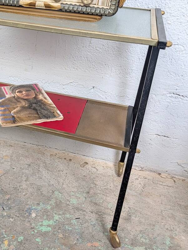 Vintage 1950s rolling dessert trolley with two shelves.