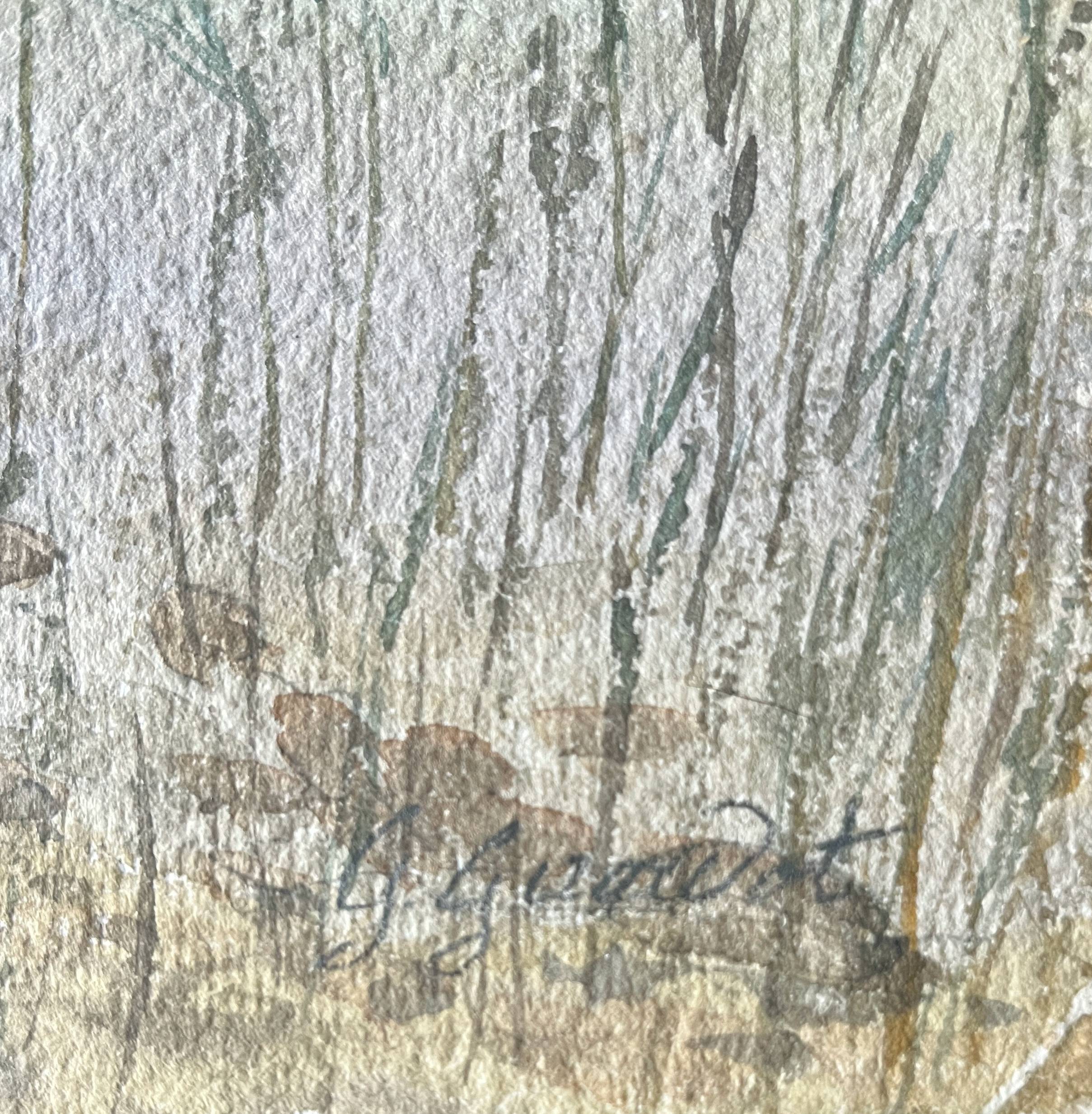 Painting Watercolor G. GIRARDOT (1856-1914) Landscape with pontoon circa 1900