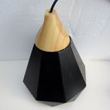 Two pendant lamps design black iron and light wood
