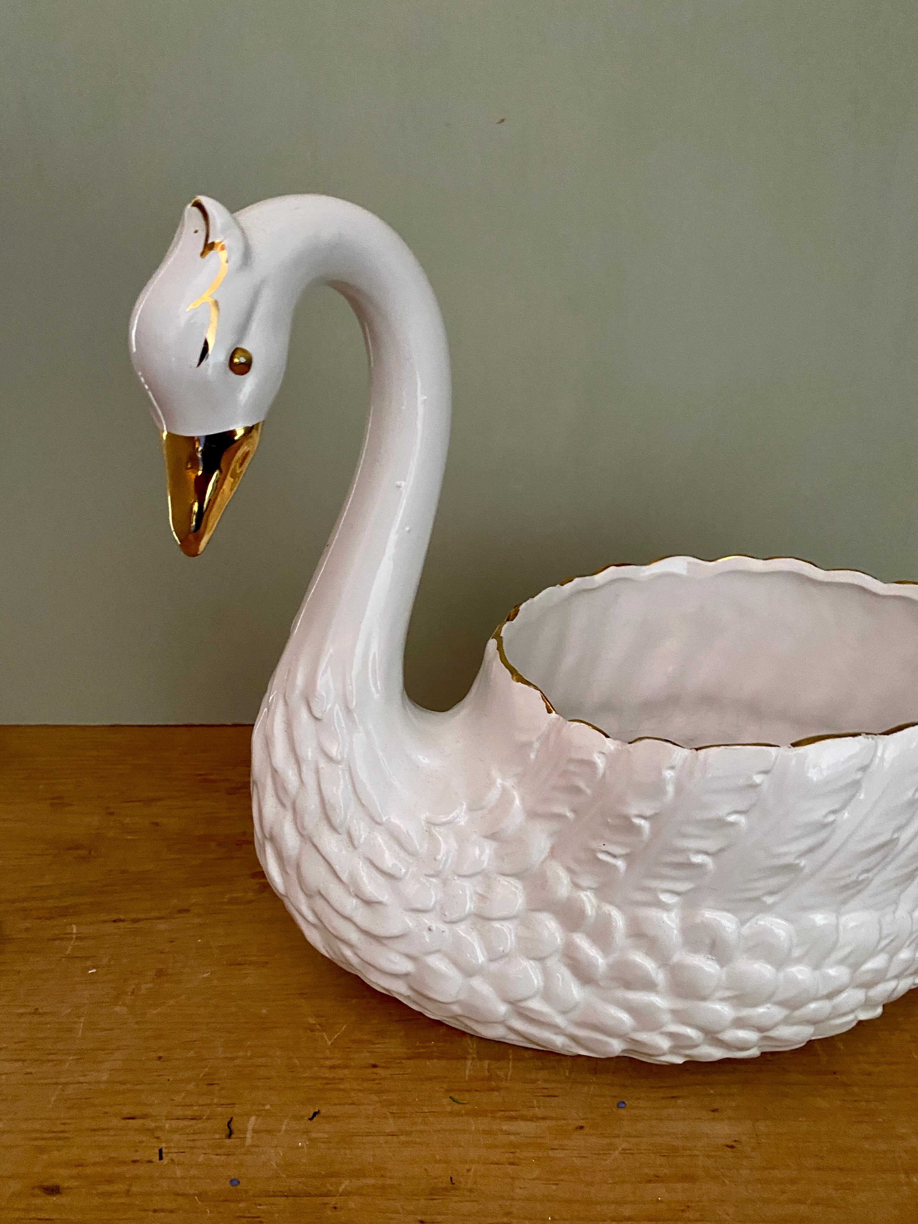 Vintage swan pot cover in white and gold ceramic