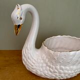 Vintage swan pot cover in white and gold ceramic