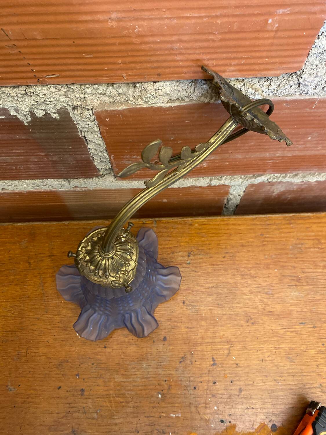 Antique art nouveau gilt bronze wall lamp + vintage blue glass tulip
