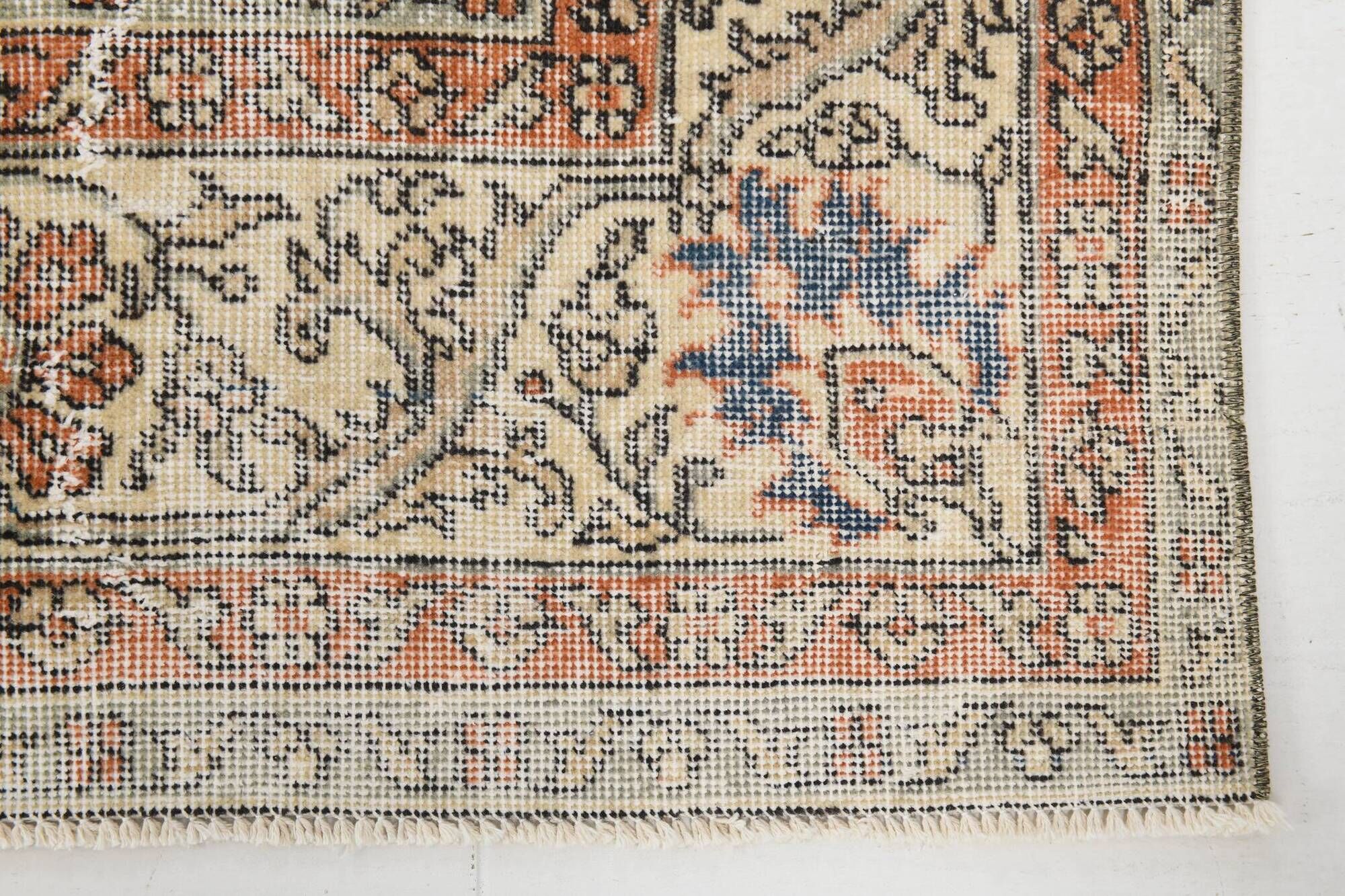 8x11 Orange & Blue Bordered Turkish Vintage Rug, Rugs For Bedroom, Antique