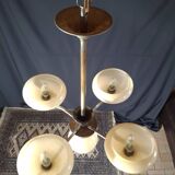 Chrome metal chandelier with 5 pale yellow opal shades from the 1950s.