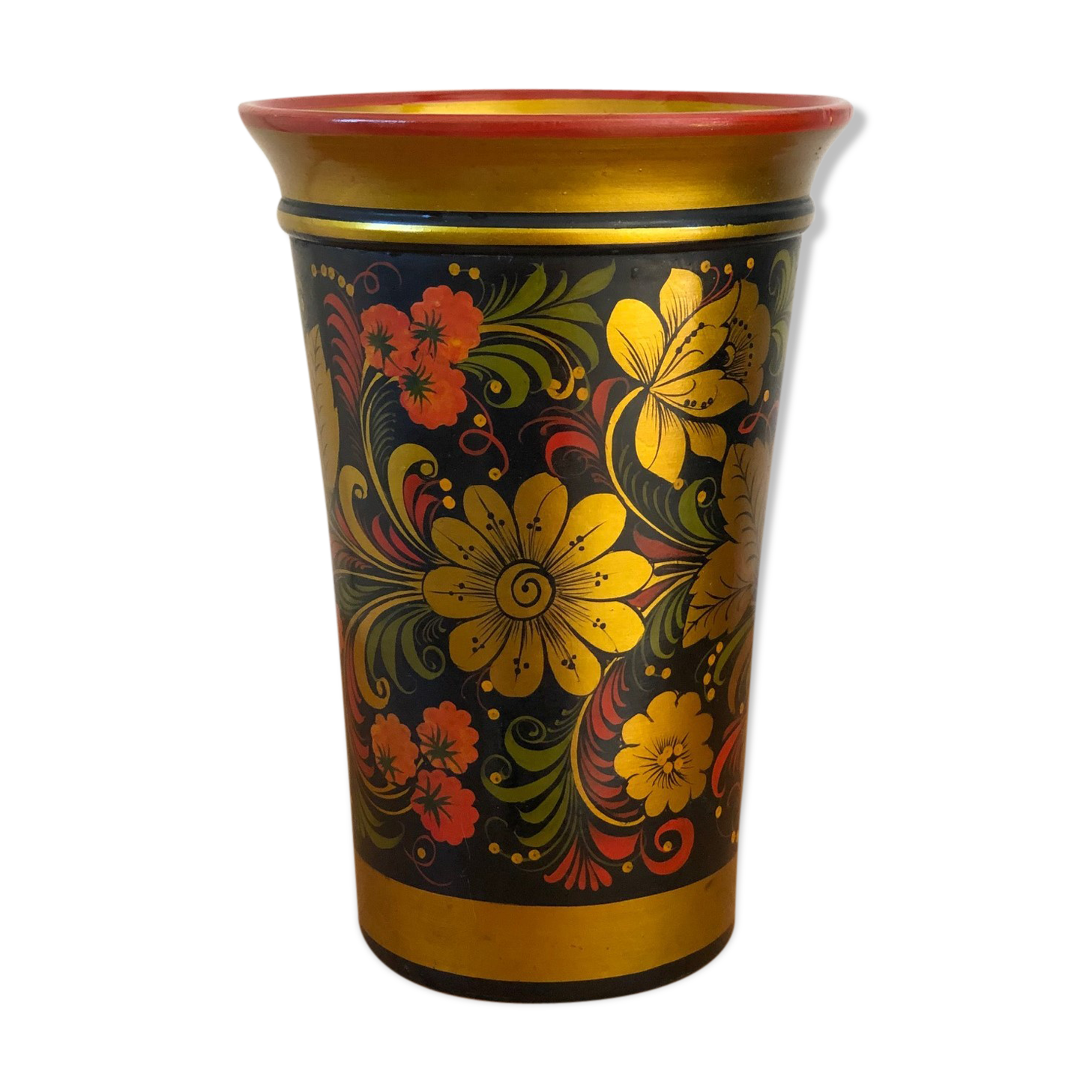 Khokhloma painted Russian wooden vase