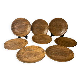 Six assiettes plates poisson en céramique imitation bois Chantilly