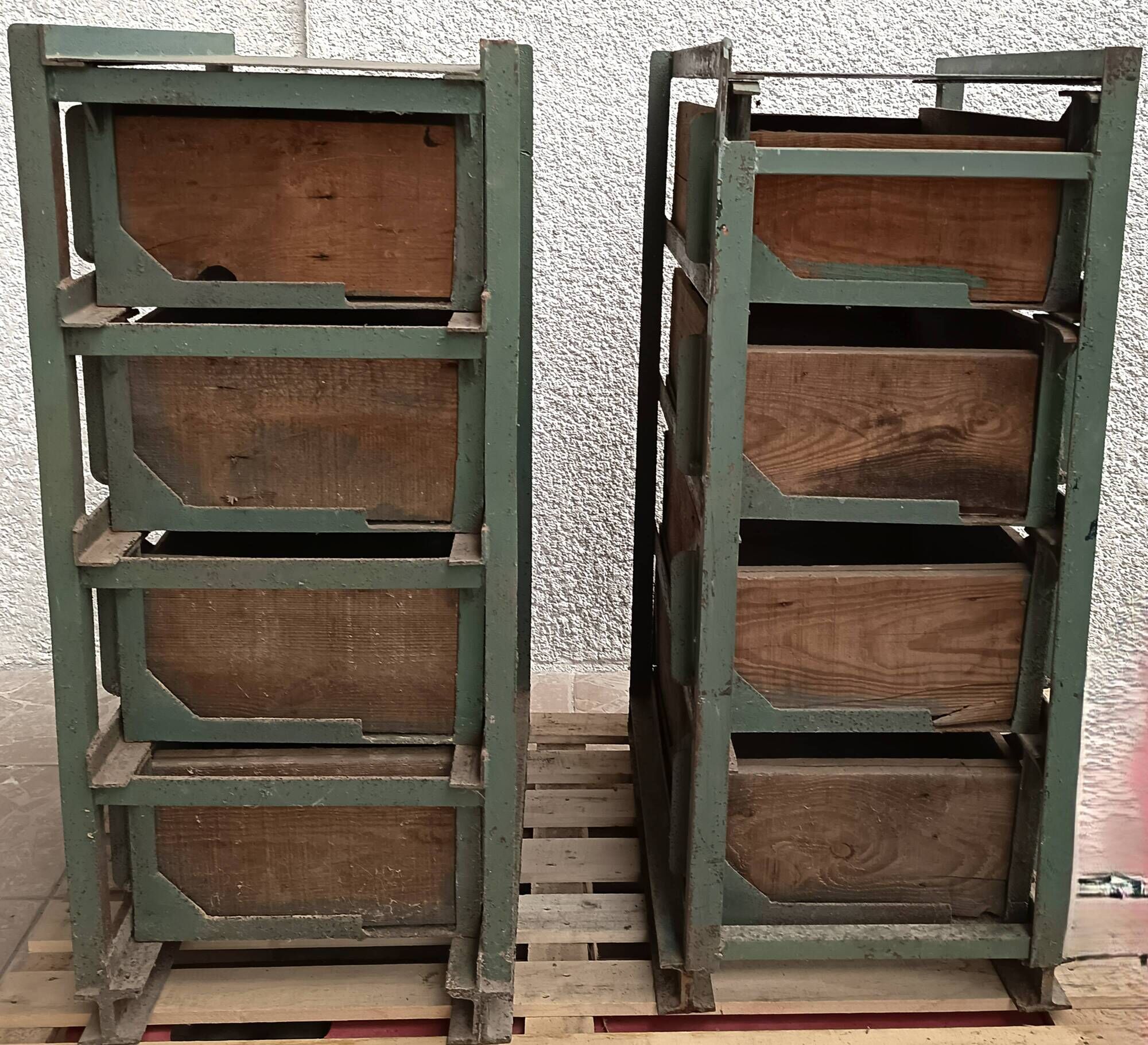 Pair of vintage industrial metal and wood lockers